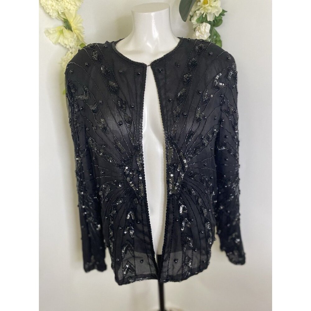 Vintage Black Swee Lo Womens Jacket Sequin Top Party Disco 80s‎ Glam Dynasty XL - Picture 12 of 16